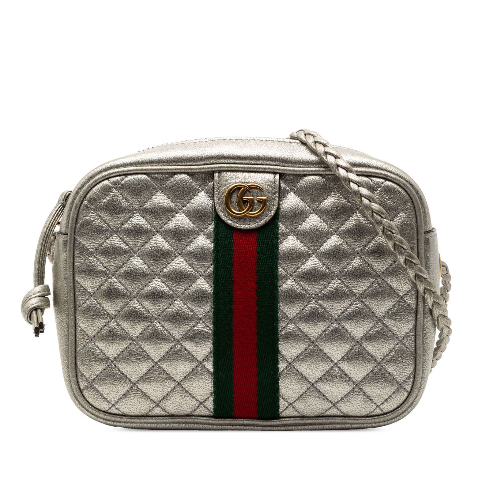 Silver Leather Mini Crossbody with Quilted Design and Braided Strap by Gucci: Silver Leather Mini Crossbody with Quilted Design and Braided Strap by Gucci This Gucci Mini Quilted Leather Web Trapuntata Crossbody bag features a quilted leather exterior in silver, complemented by