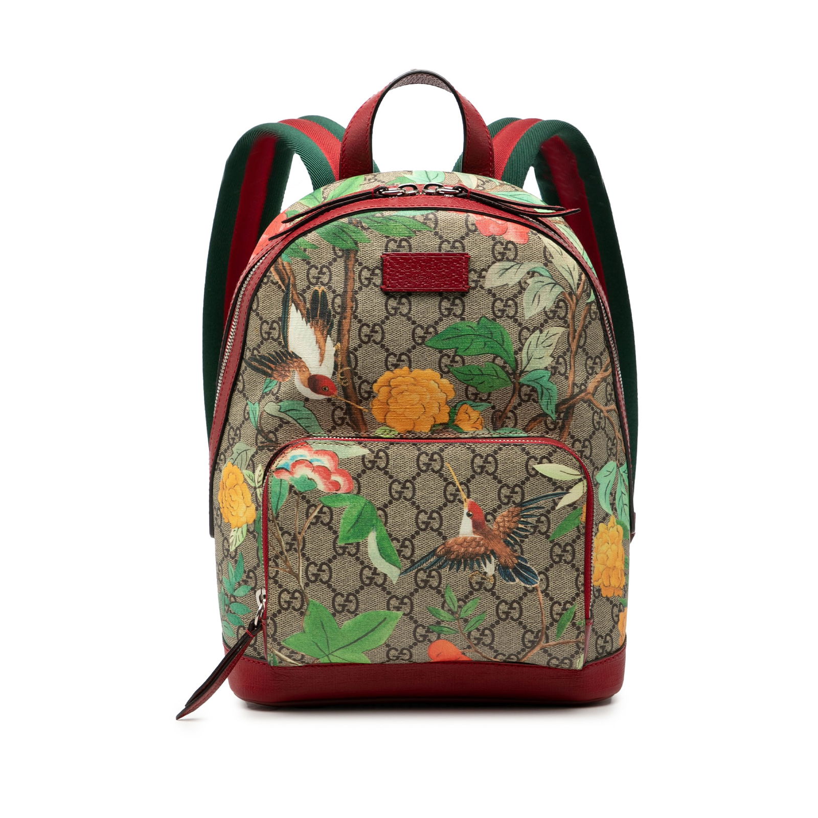 Gucci GG Supreme Tian Small Brown Coated Canvas Leather Trim Backpack: Gucci GG Supreme Tian Small Brown Coated Canvas Leather Trim Backpack This Gucci Small GG Supreme Web Tian Backpack features a printed coated canvas body with leather trim, a flat leather top handle,