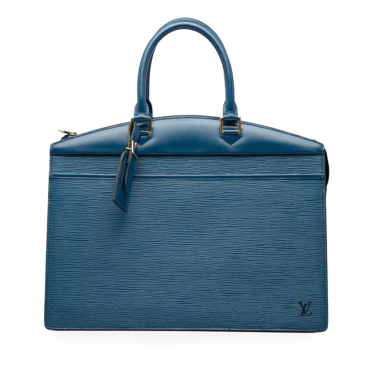 Blue Epi Leather Riviera Handbag by Louis Vuitton with Top Zip: Blue Epi Leather Riviera Handbag by Louis Vuitton with Top Zip This Louis Vuitton Epi Riviera bag features a blue epi leather body, rolled leather handles, a top zip closure, an exterior slip pocket,