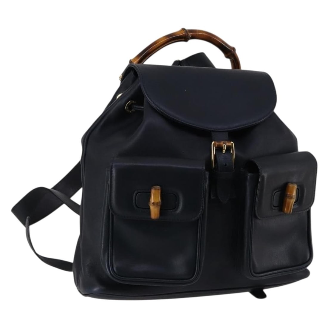 Navy Leather Gucci Vintage Bamboo Backpack 30cm by 28cm by 9cm: Navy Leather Gucci Vintage Bamboo Backpack 30cm by 28cm by 9cm This pre-owned Gucci Vintage Bamboo Backpack for women is crafted from navy leather with a bamboo handle. It features a flap closure and