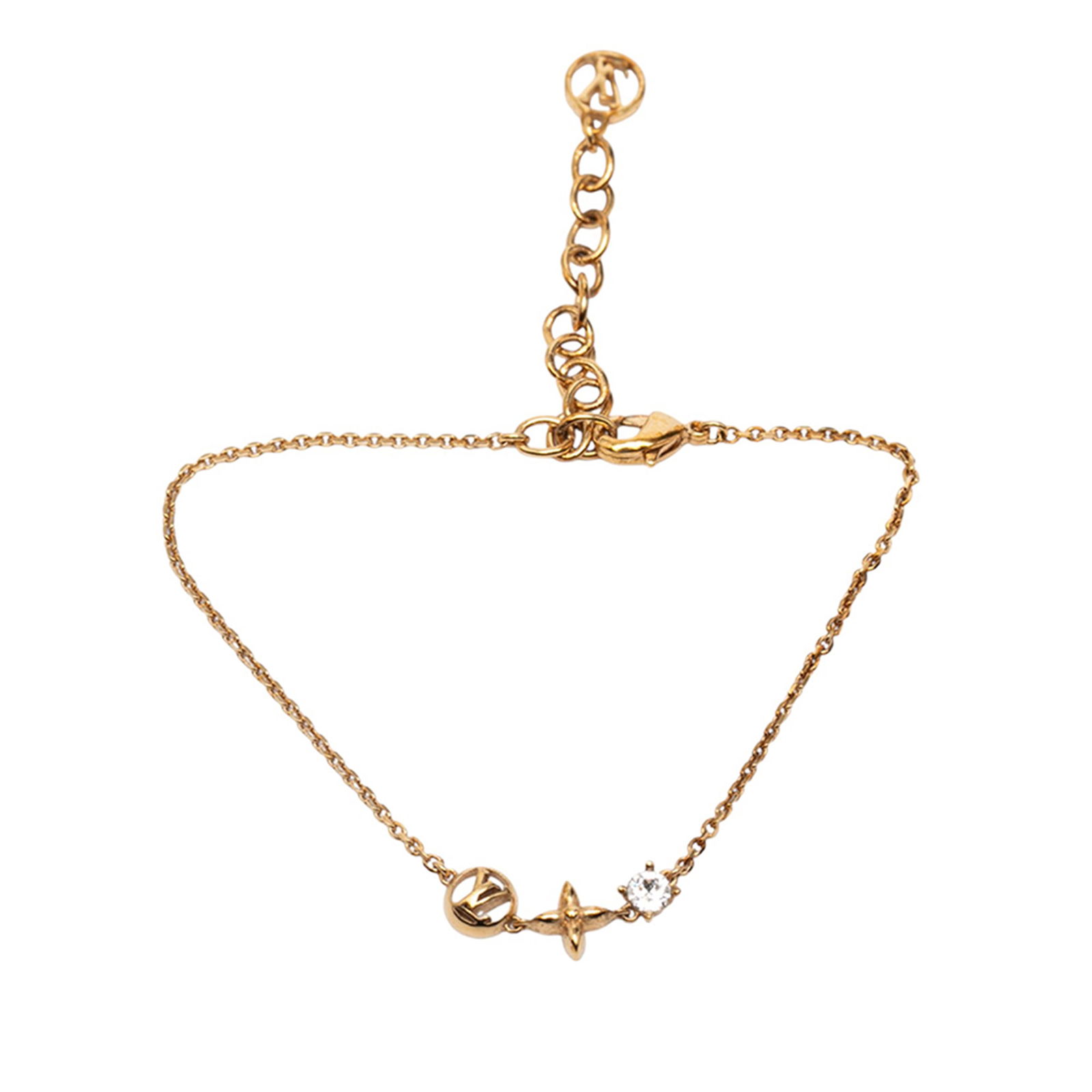 Louis Vuitton Petit Louis Gold Tone Metal Bracelet with Rhinestones: Louis Vuitton Petit Louis Gold Tone Metal Bracelet with Rhinestones This Louis Vuitton Petit Louis bracelet features a gold-tone metal construction adorned with rhinestone details and is secured with