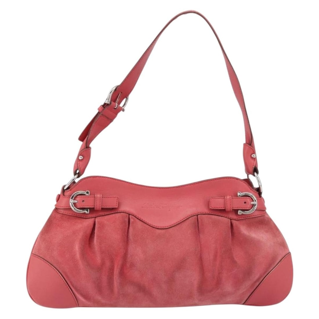 Gancini Pink Suede Shoulder Bag by Salvatore Ferragamo: Gancini Pink Suede Shoulder Bag by Salvatore Ferragamo This Salvatore Ferragamo Gancini shoulder bag is crafted from pink suede and designed for women. The bag features a sleek silhouette and iconic G
