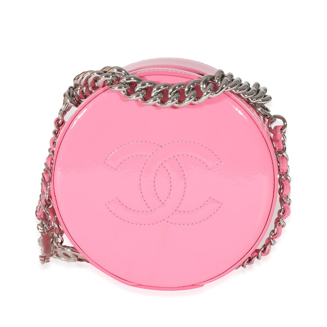 Chanel Round As Earth Pink Patent Leather Shoulder Bag with Box and Dustbag: Chanel Round As Earth Pink Patent Leather Shoulder Bag with Box and Dustbag This Chanel Round As Earth bag features pink patent leather with a glazed finish, complemented by silver-tone hardware and a