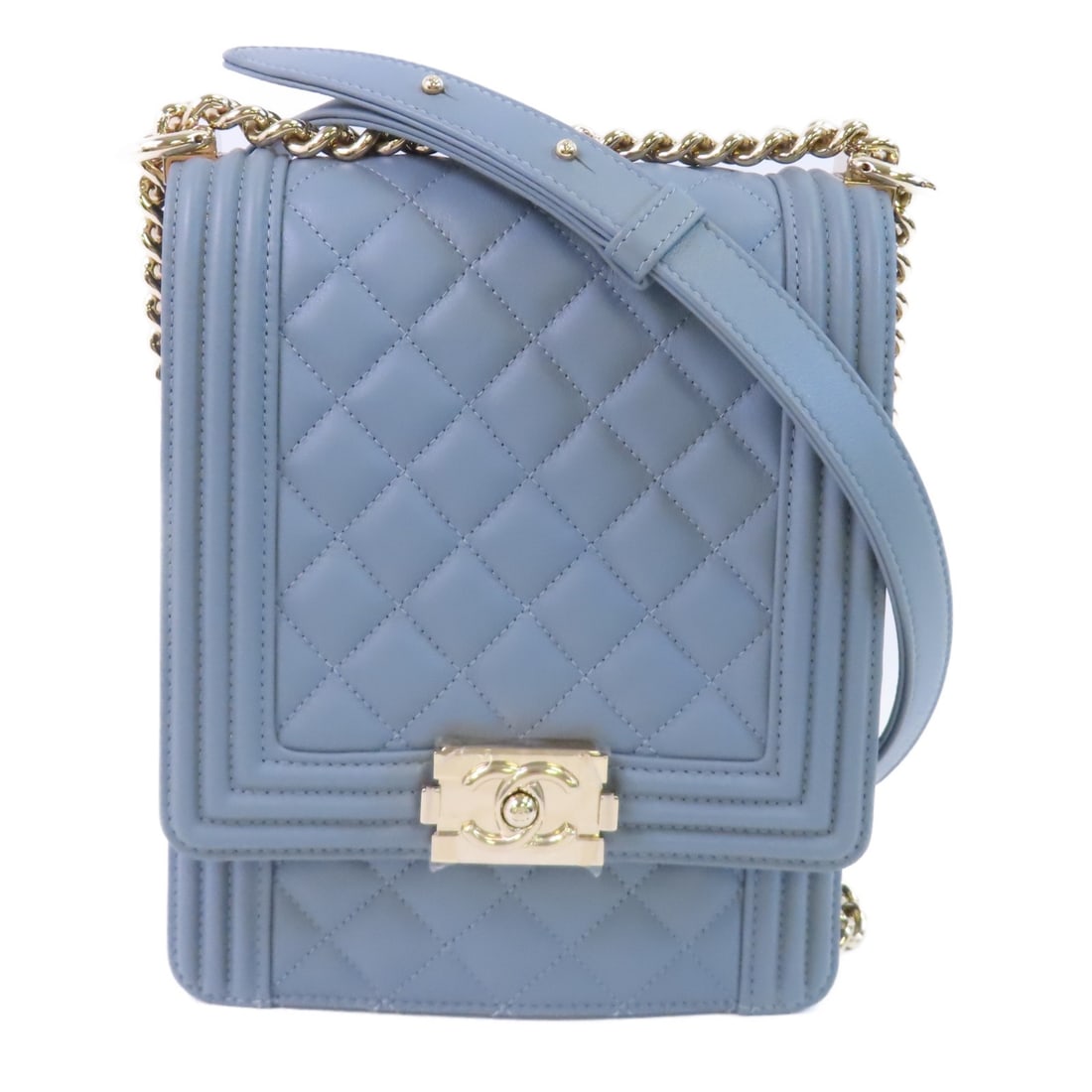 Blue Calfskin Chanel Boy North South Shoulder Bag with Gold Tone CC Chain (1 of 18)