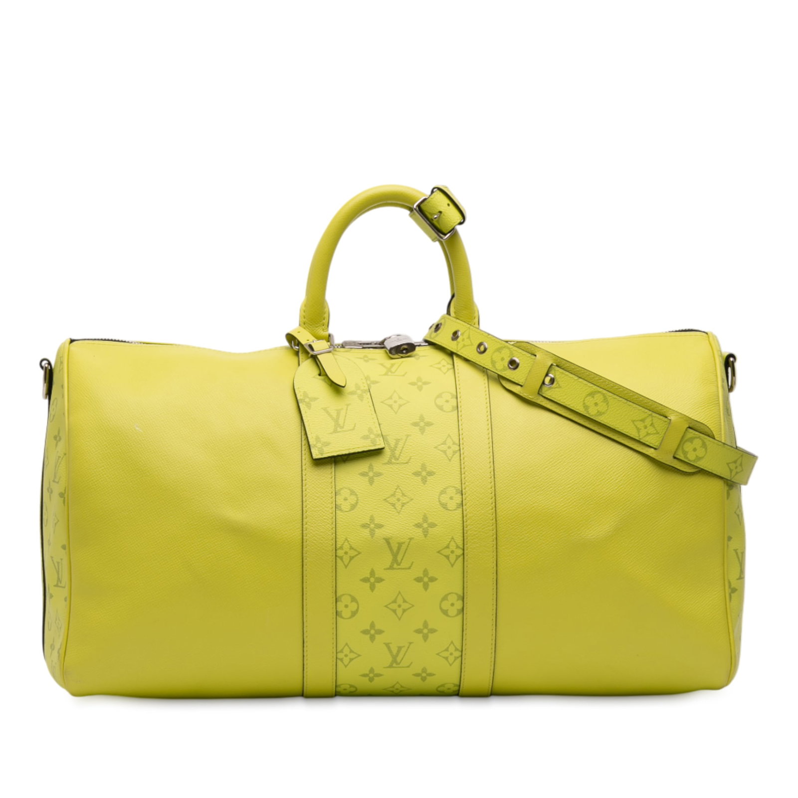 Yellow Louis Vuitton Taigarama Keepall Bandouliere 50 Leather Travel Bag: Yellow Louis Vuitton Taigarama Keepall Bandouliere 50 Leather Travel Bag The Louis Vuitton Taigarama Keepall Bandouliere 50 is crafted from taiga leather in a striking yellow color. It features rolled