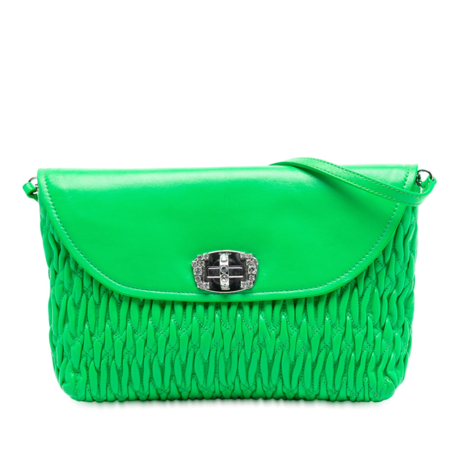 Miu Miu Green Crystal Embellished Matelasse Leather Flap Shoulder Bag: Miu Miu Green Crystal Embellished Matelasse Leather Flap Shoulder Bag This Miu Miu Matelasse Leather Crystal Flap Shoulder Bag features a green leather body with an adjustable flat strap. The front fl