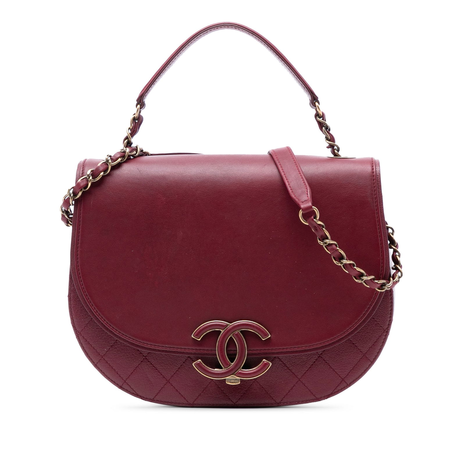Chanel Coco Curve Medium Red Leather Flap Shoulder Bag with Top Handle: Chanel Coco Curve Medium Red Leather Flap Shoulder Bag with Top Handle This Chanel Medium Calfskin Coco Curve Flap bag features a red leather body with a flat leather top handle and a leather-woven ch
