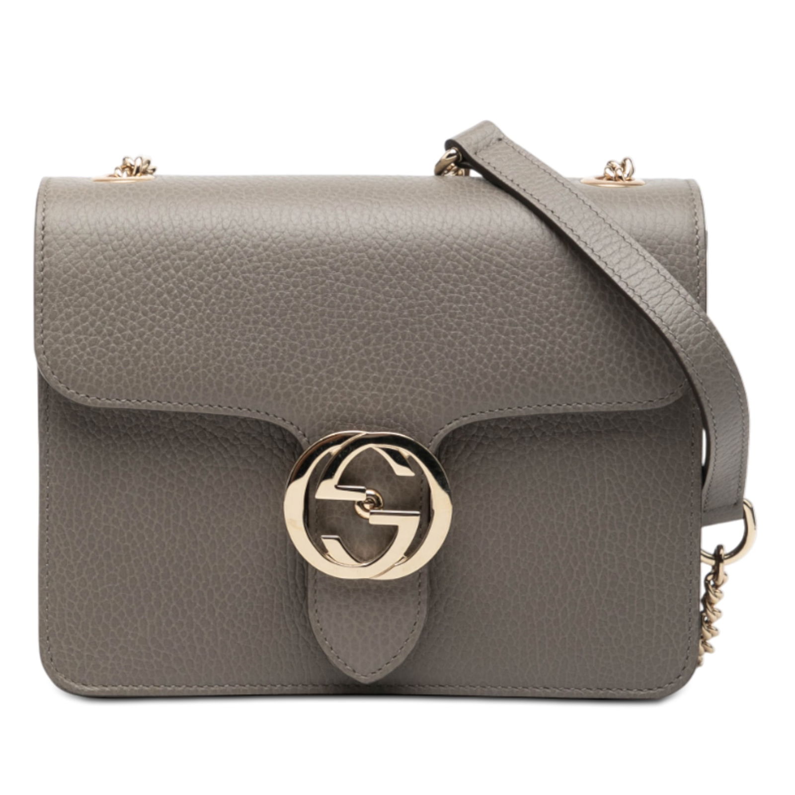Gucci Interlocking G Small Gray Leather Chain Crossbody Bag: Gucci Interlocking G Small Gray Leather Chain Crossbody Bag This Gucci Small Dollar Calfskin Interlocking G Crossbody bag features a leather body in gray, a chain-link shoulder strap with a leather gu