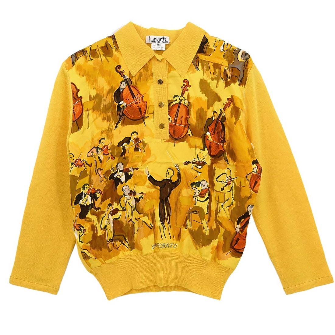 Hermes Vintage Yellow Silk Wool Top Size 40: Hermes Vintage Yellow Silk Wool Top Size 40 Elevate your casual wardrobe with this exquisite vintage Hermes top in a vibrant yellow hue. Designed with long sleeves and a classic collared neckline, thi