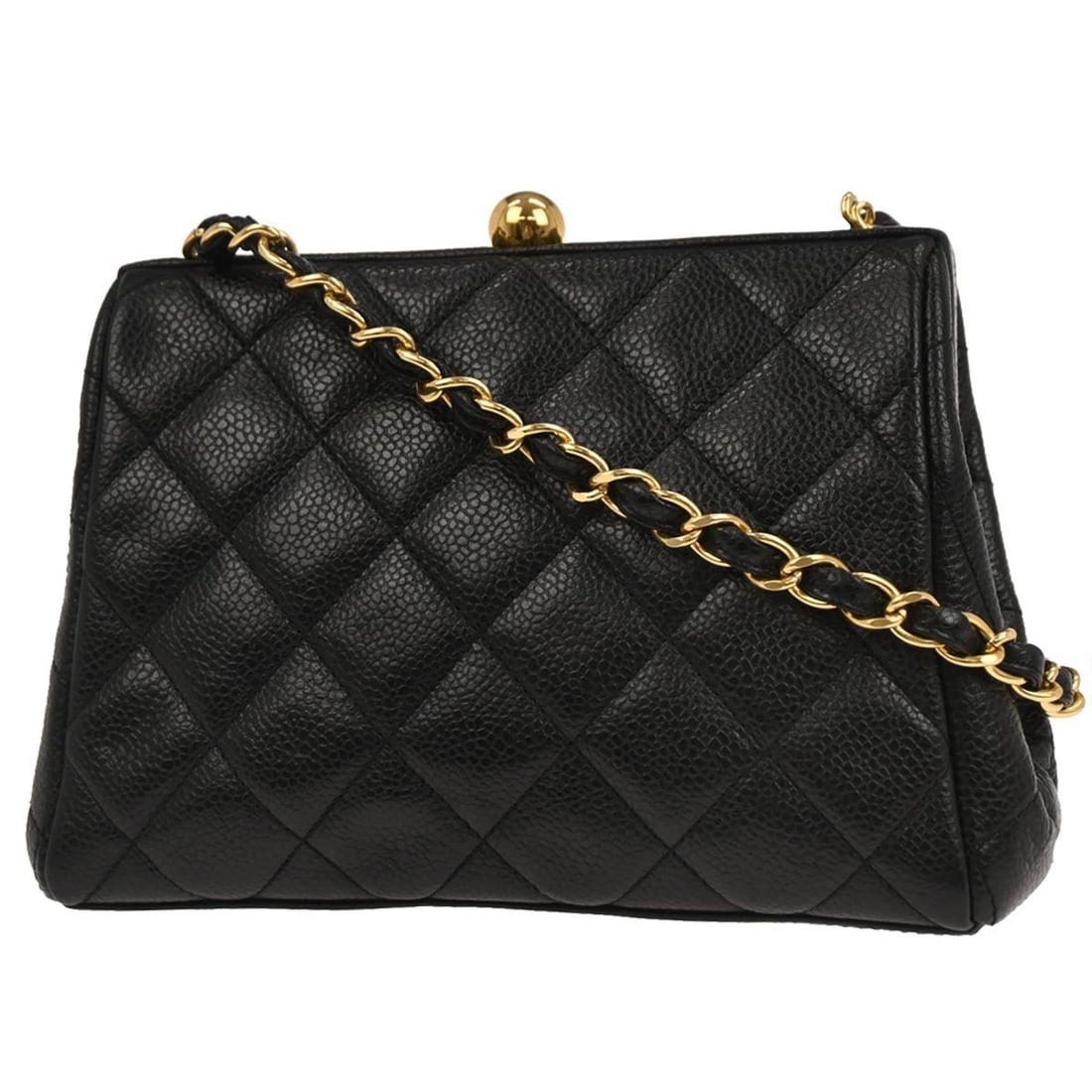 Chanel Black Caviar Leather Vintage Quilted Chain Frame Handbag: Chanel Black Caviar Leather Vintage Quilted Chain Frame Handbag This Chanel Vintage Chain Frame Bag features quilted caviar leather in black, complemented by a structured frame design and chain detail