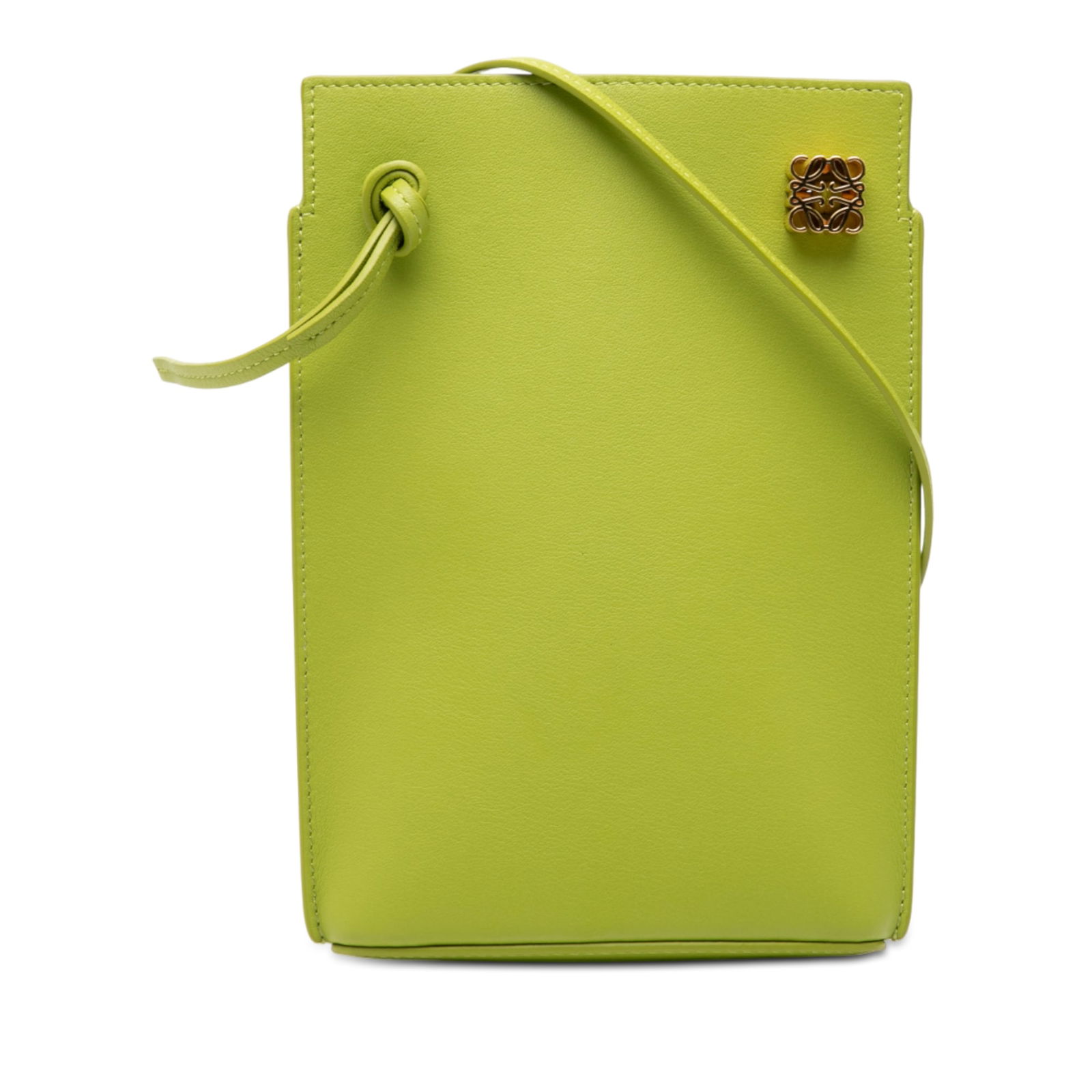 Green Loewe Calfskin Dice Pocket Leather Crossbody Bag: Green Loewe Calfskin Dice Pocket Leather Crossbody Bag This LOEWE Calfskin Dice Pocket Crossbody bag features a green leather body, a flat leather shoulder strap, an open top, and an exterior back sli