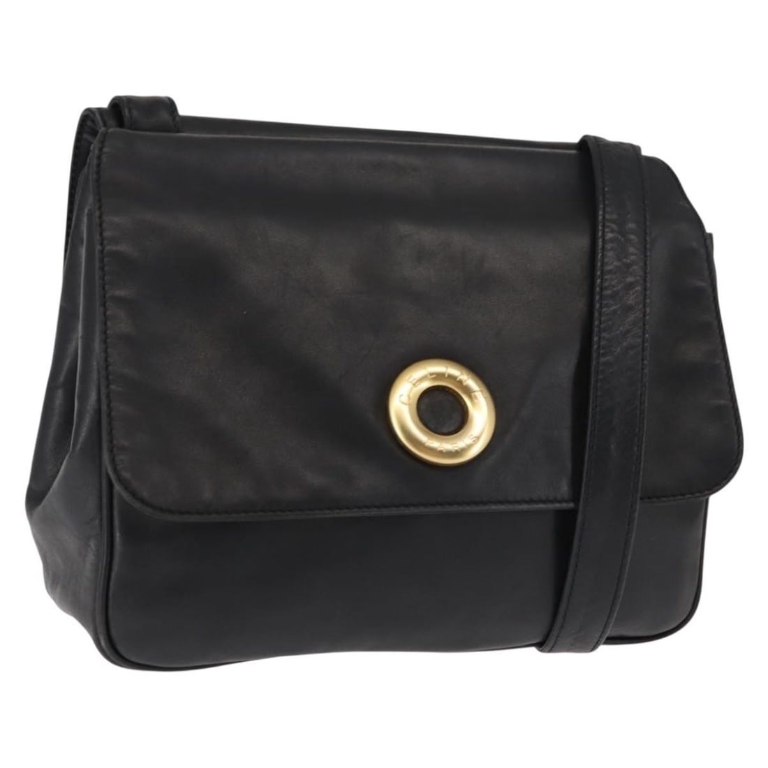 Celine Circle Logo Black Leather Handbag 23cm x 20cm x 8cm Italy: Celine Circle Logo Black Leather Handbag 23cm x 20cm x 8cm Italy This pre-owned Celine Circle logo handbag features a black leather exterior and is designed for women. Made in Italy, it has a classic
