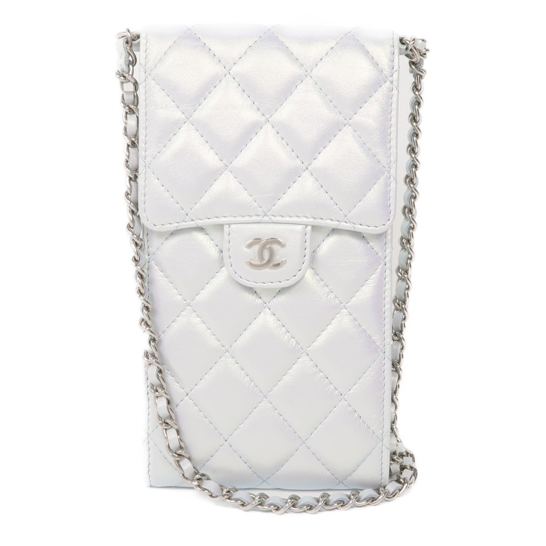 CHANEL Phone Bag Light Blue Calfskin Leather Chain Shoulder Bag: CHANEL Phone Bag Light Blue Calfskin Leather Chain Shoulder Bag This exquisite CHANEL shoulder bag is crafted from high-quality calfskin leather in a stunning metallic light blue hue. Designed for bot
