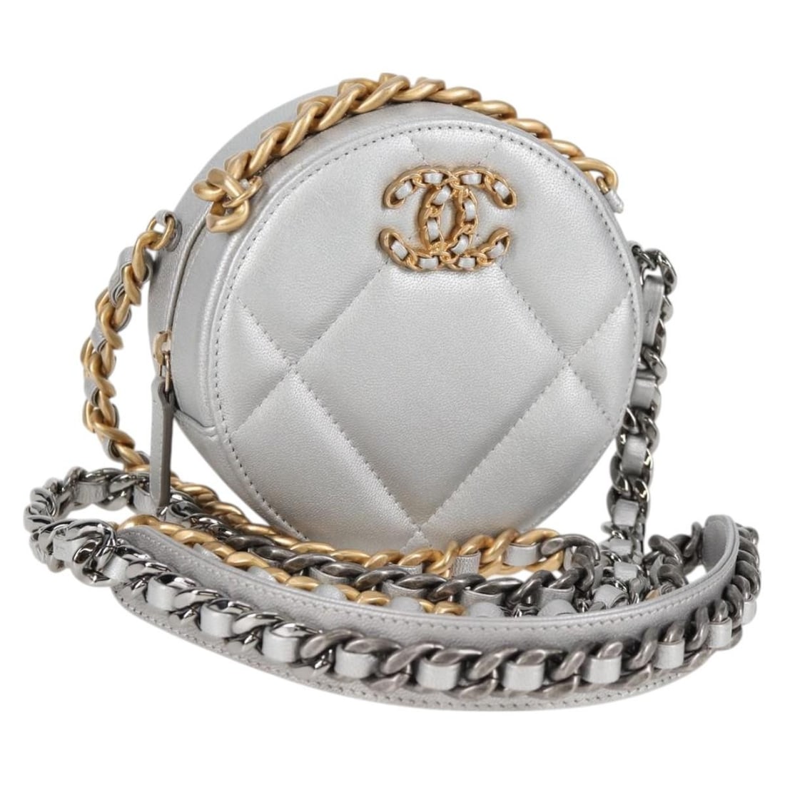 Chanel 19 Silver Quilted Leather Round Clutch Bag with Chain (1 of 18)