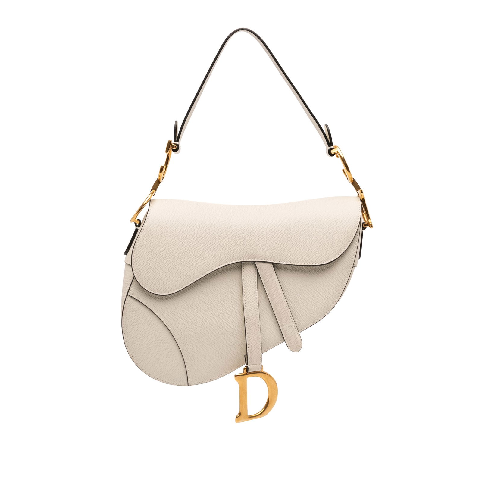 White Dior Saddle Bag in Grained Calfskin Leather with Shoulder Strap: White Dior Saddle Bag in Grained Calfskin Leather with Shoulder Strap This Dior Grained Calfskin Saddle Bag showcases a classic white leather construction, featuring a distinctive saddle silhouette. D