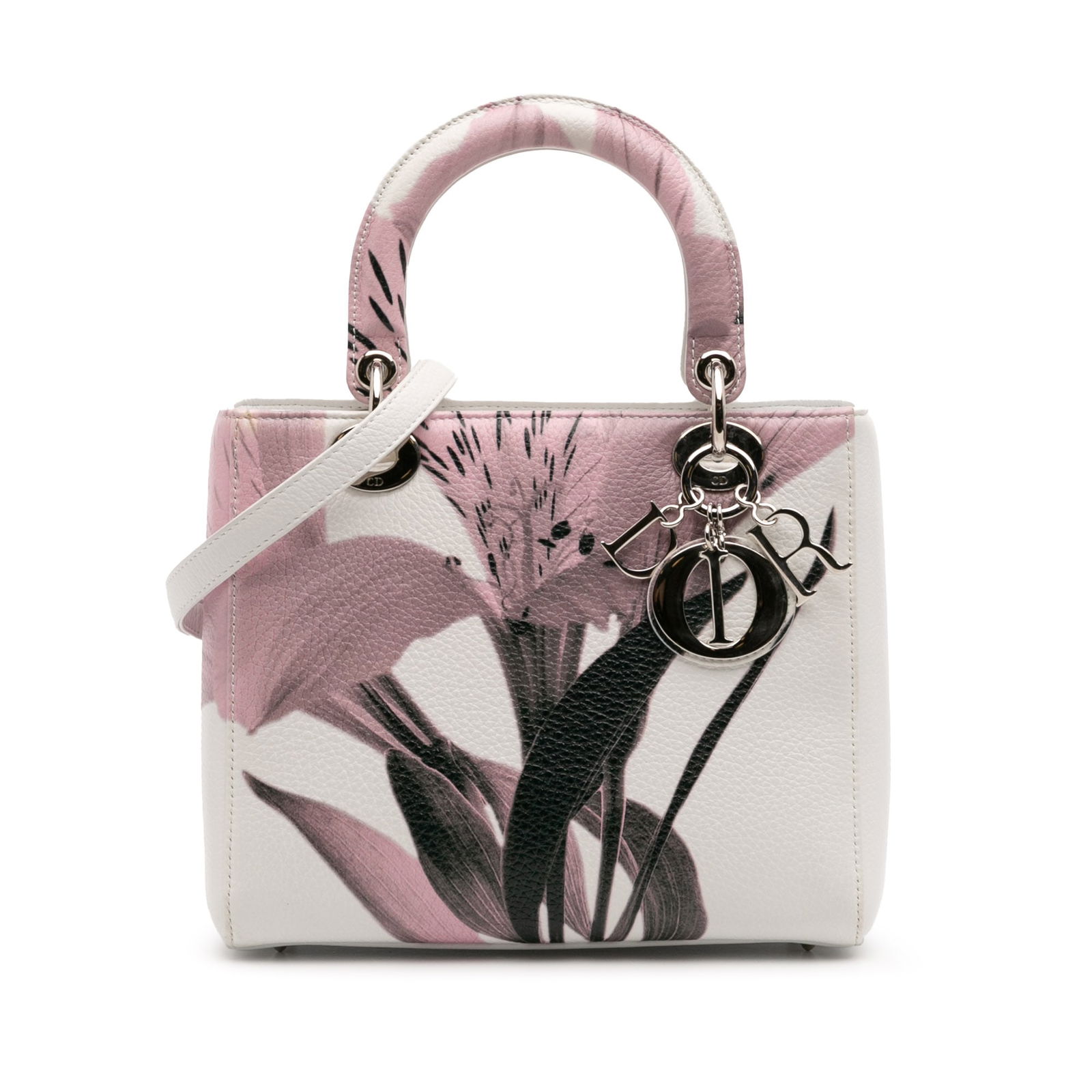 Dior Medium Lady Dior Floral Deerskin Bag White: Dior Medium Lady Dior Floral Deerskin Bag White The Medium Deerskin Floral Printed Lady Dior is a stylish handbag crafted from printed deerskin leather, featuring elegant silver-tone hardware. This ve