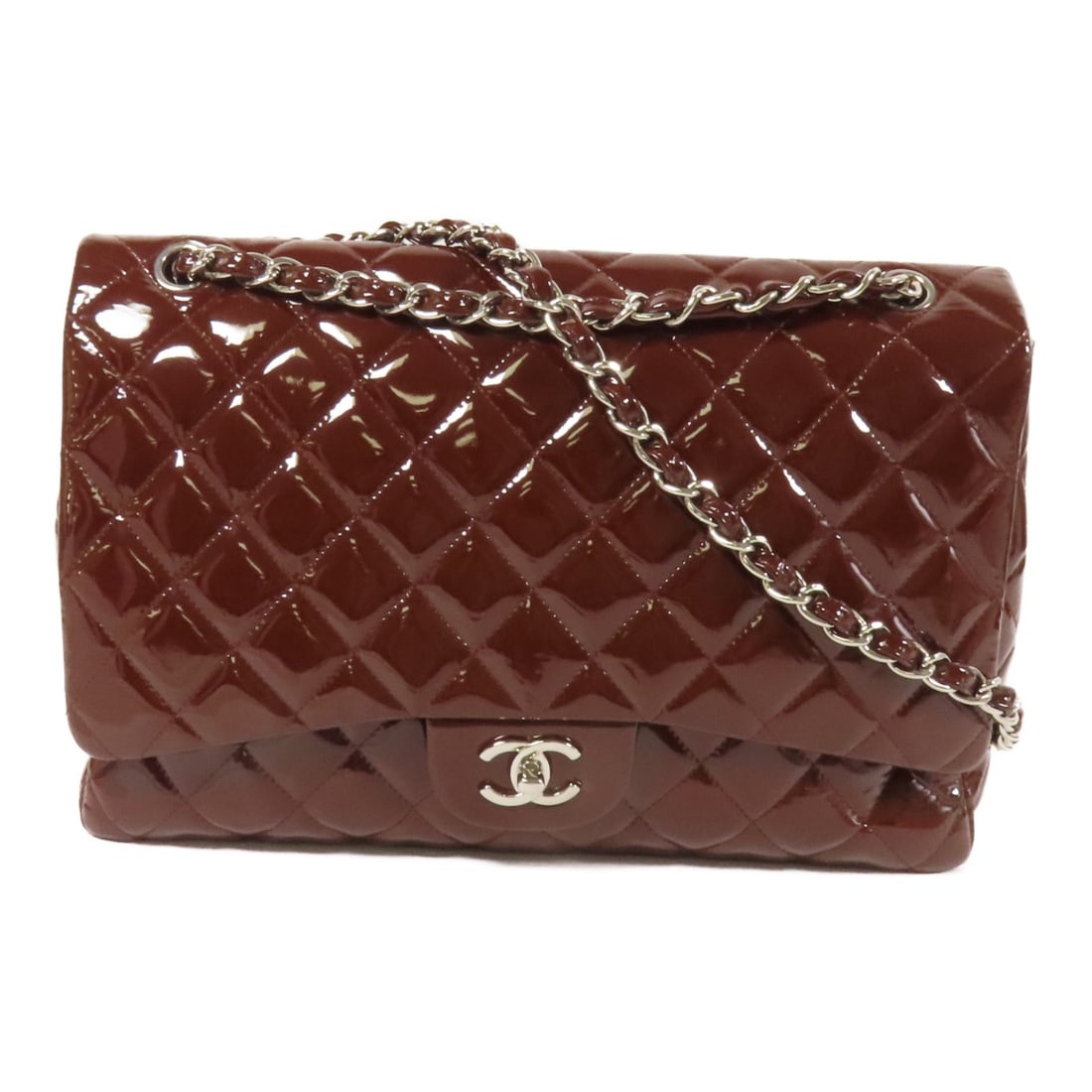 Maxi Classic Patent Leather Shoulder Bag by Chanel with Silver Tone Hardware: Maxi Classic Patent Leather Shoulder Bag by Chanel with Silver Tone Hardware This CHANEL Maxi Classic Chain Shoulder Bag features a brown patent leather exterior with silver-tone hardware. Designed in