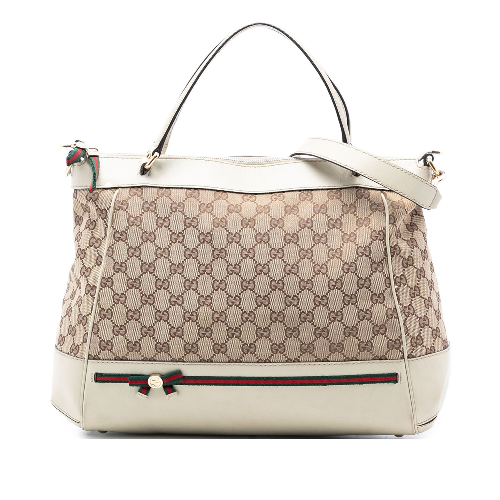 Brown GG Canvas Mayfair Satchel with Leather Trim by Gucci: Brown GG Canvas Mayfair Satchel with Leather Trim by Gucci This Gucci Mayfair satchel features a canvas body with leather trim, flat leather handles, a detachable flat leather strap, top zip closure,