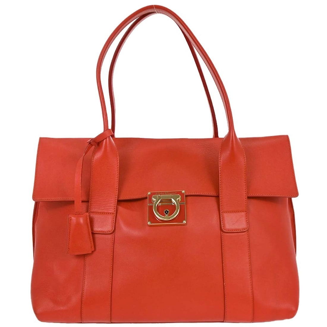 Red Sookie Gancini Top Handle Bag by Salvatore Ferragamo: Red Sookie Gancini Top Handle Bag by Salvatore Ferragamo This Salvatore Ferragamo Sookie Gancini handbag features red leather with logo accents, designed in a top handle style. It is a medium-sized ba