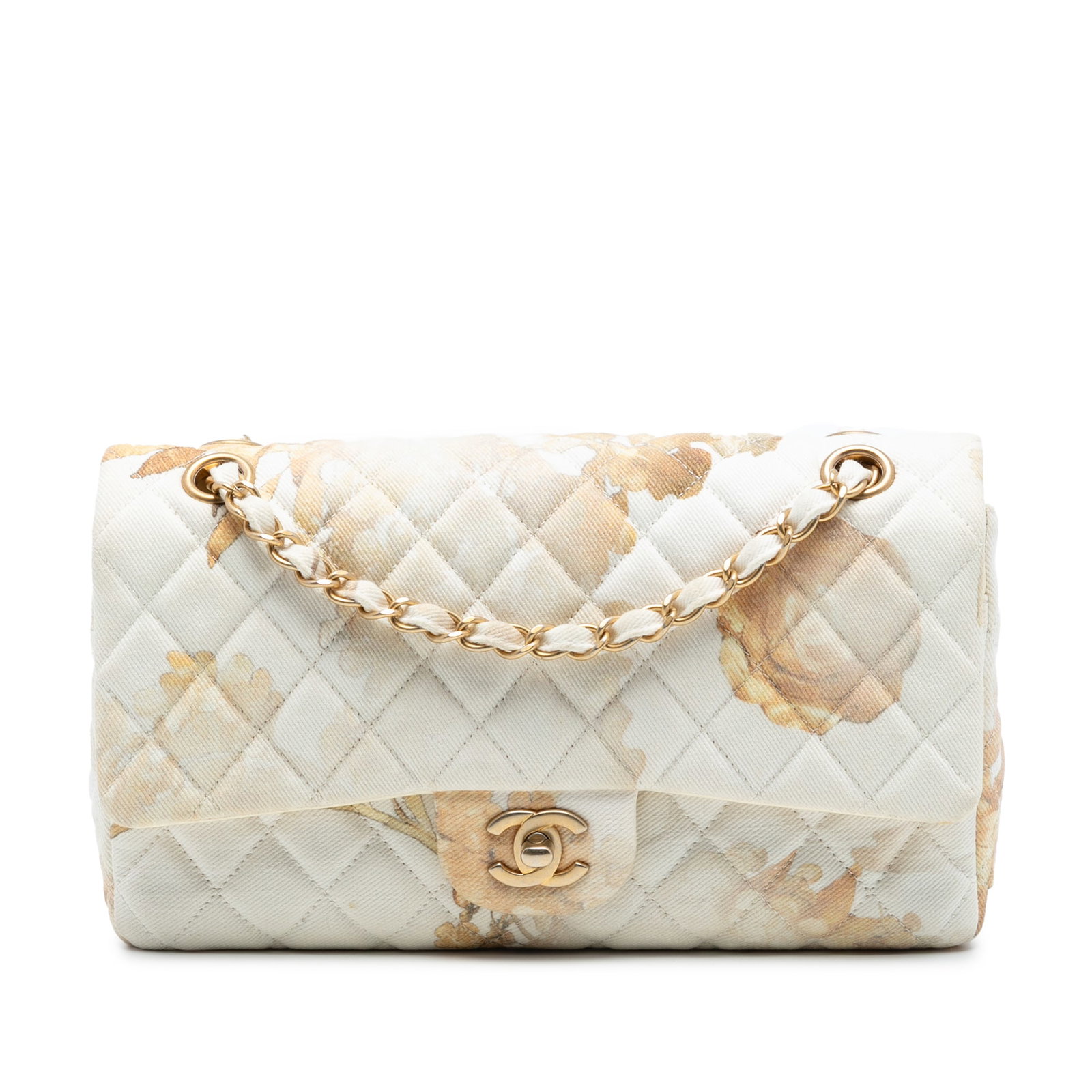 Chanel Medium Classic Floral Denim Double Flap Shoulder Bag: Chanel Medium Classic Floral Denim Double Flap Shoulder Bag This Chanel Medium Classic Printed Denim Floral Double Flap shoulder bag features a floral printed denim body with leather-woven chain shoul