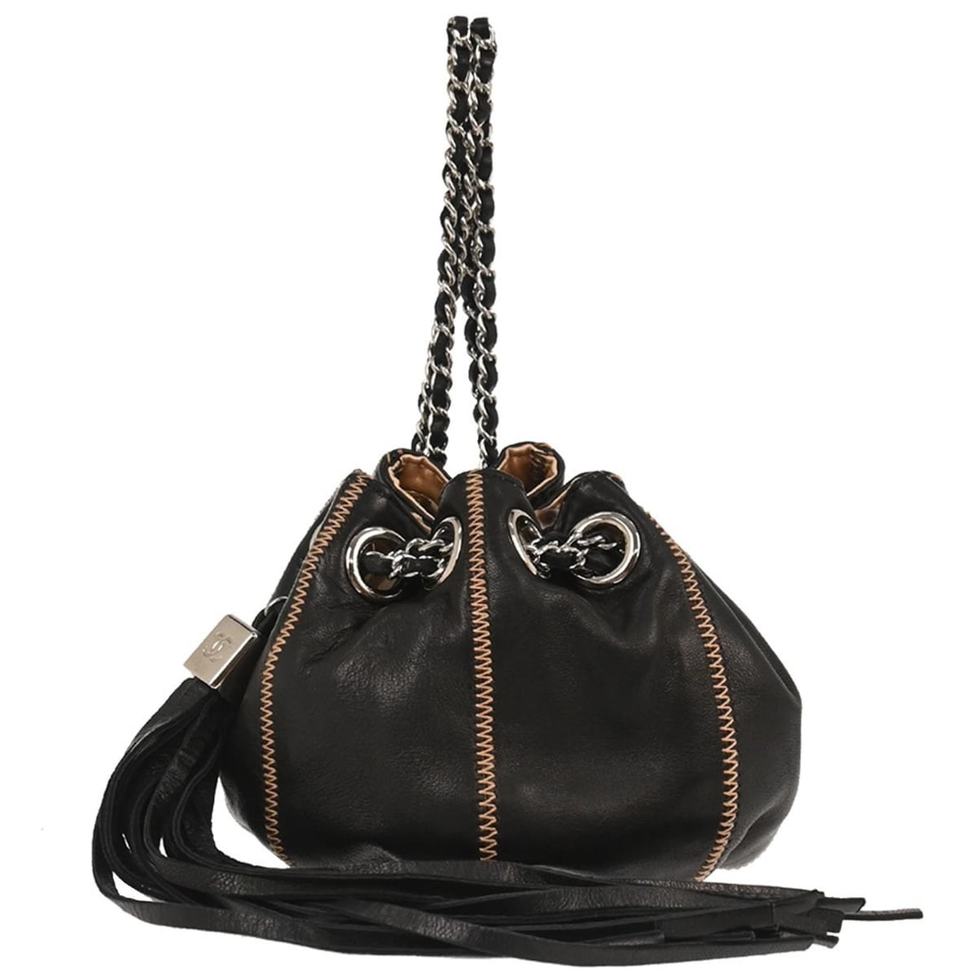 Mini Black Lambskin Drawstring Bucket Bag by Chanel with Top Handle: Mini Black Lambskin Drawstring Bucket Bag by Chanel with Top Handle This Chanel Sac Cordon mini handbag features black lambskin leather with a reversible drawstring closure. Designed in a compact buck