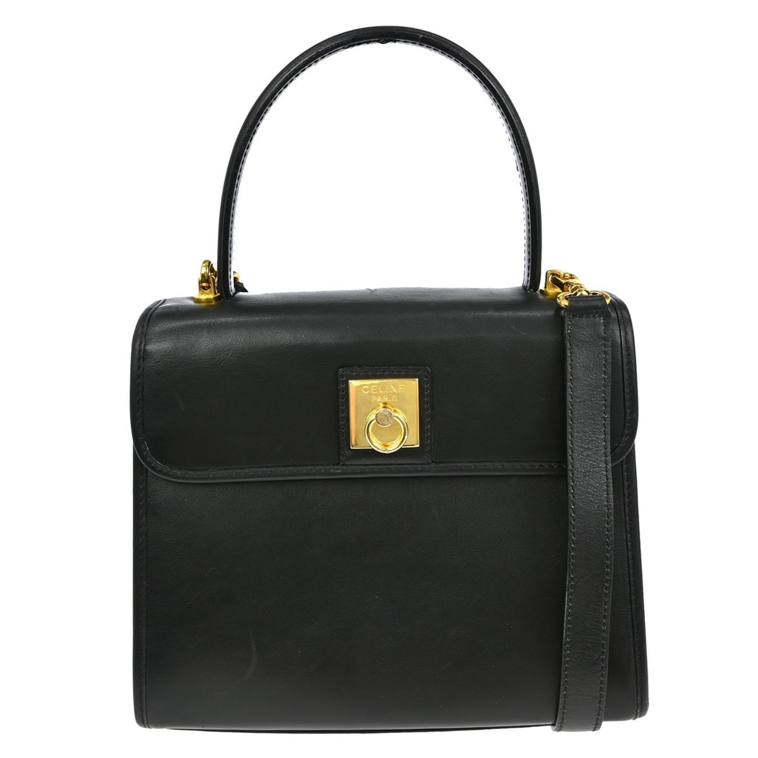 Celine Medium Black Leather Two Way Top Handle Bag M14: Celine Medium Black Leather Two Way Top Handle Bag M14 This Celine black 2-way handbag features a top handle design and medium size, suitable for casual occasions. It is crafted from leather and showc