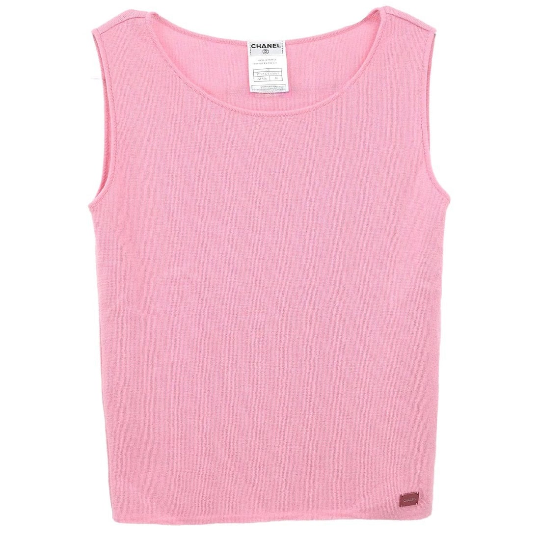 Chanel Pink Cashmere Logo Tank Top Size 38 Spring Summer: Chanel Pink Cashmere Logo Tank Top Size 38 Spring Summer This Chanel sleeveless tank top in pink features a round neckline and is crafted from 100% cashmere for a luxurious feel. Designed in a regular