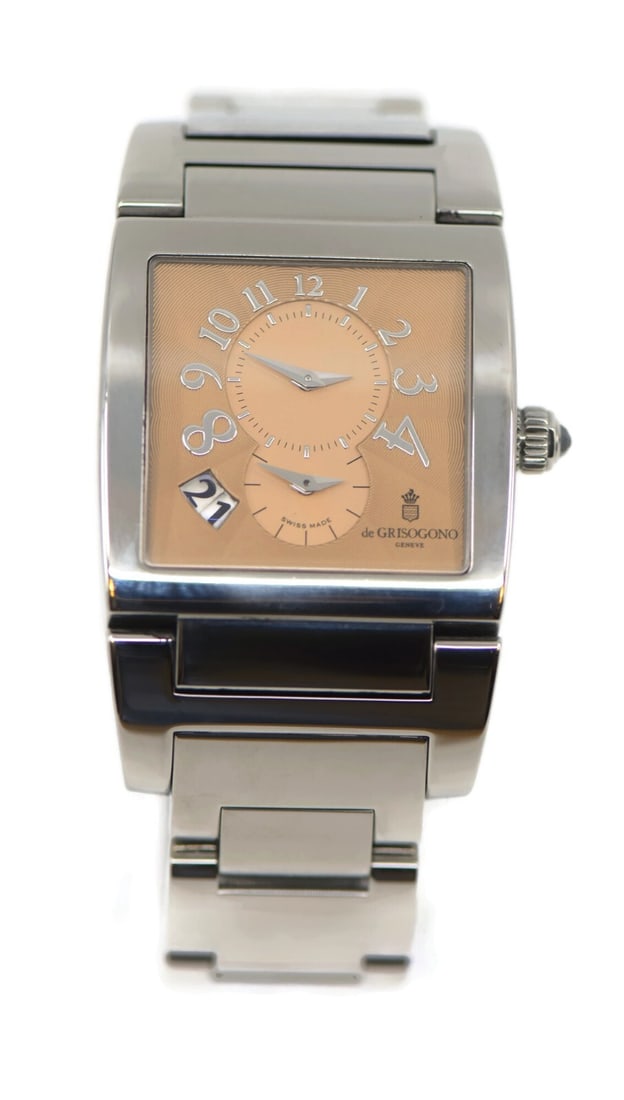 de Grisogono UNO/DF Stainless Steel Automatic Watch Salmon Dial: de Grisogono UNO/DF Stainless Steel Automatic Watch Salmon Dial This sophisticated de Grisogono UNO/DF wristwatch is a stunning blend of elegance and functionality. Featuring a mechanical automatic mo