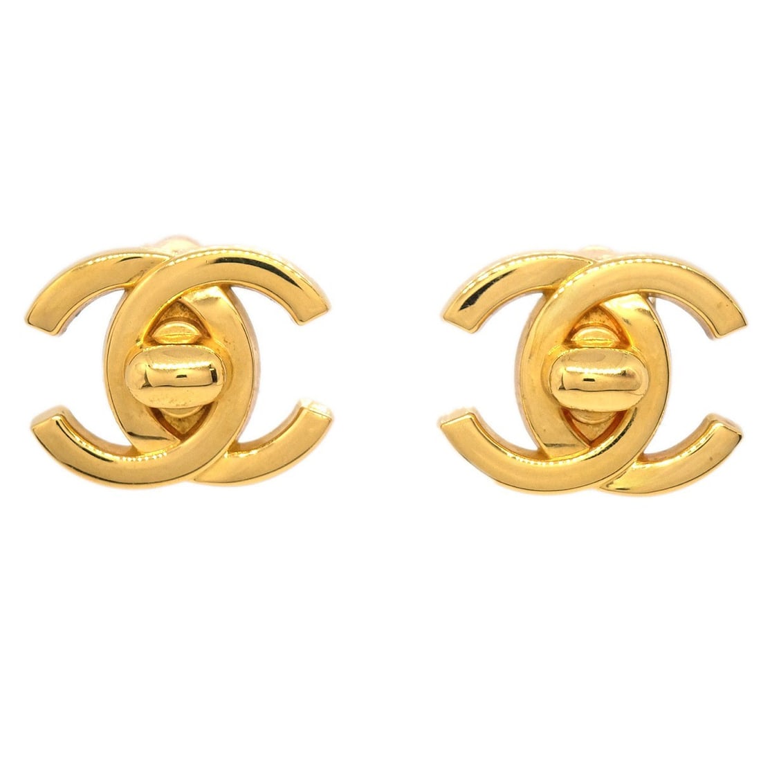 Large Gold-Plated Clip-On Earrings Chanel Turnlock CC 96A: Large Gold-Plated Clip-On Earrings Chanel Turnlock CC 96A These Chanel earrings feature the iconic CC turnlock design in a large size, crafted from gold-plated material with a gold color finish. They