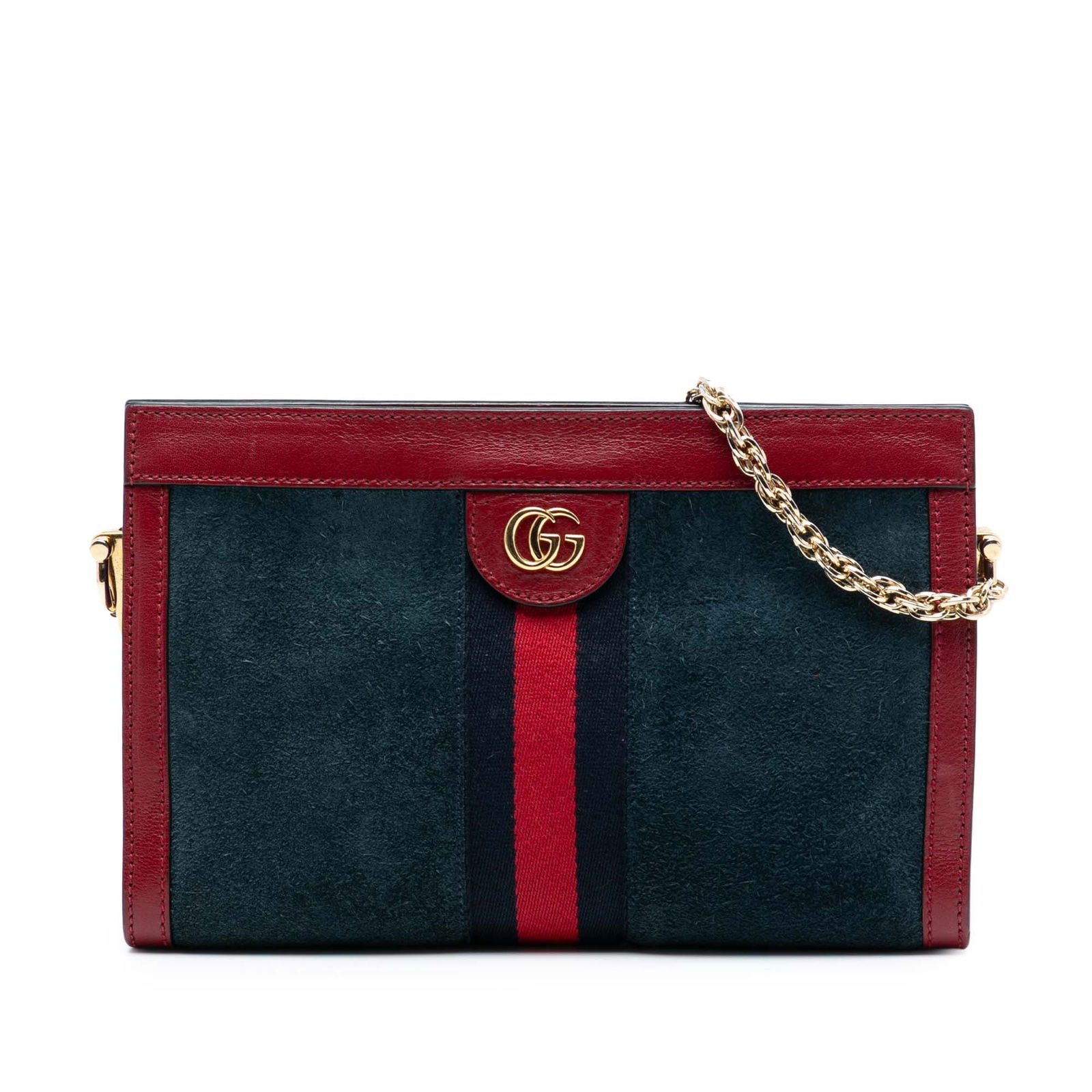 Gucci Ophidia Blue Suede Chain Crossbody Bag with Patent Trim: Gucci Ophidia Blue Suede Chain Crossbody Bag with Patent Trim This Gucci Small Suede Web Ophidia Chain Crossbody features a blue suede body with patent leather trim and a gold-tone chain link shoulder