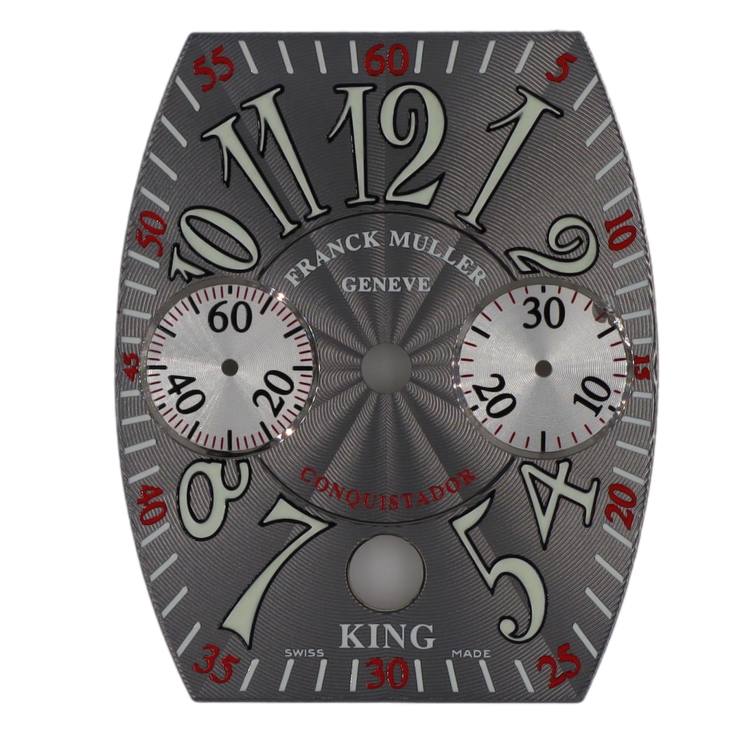 Franck Muller Conquistador King Silver Guilloche Arabic Date Dial: Franck Muller Conquistador King Silver Guilloche Arabic Date Dial This Franck Muller Conquistador King Dial features a stunning silver guilloche finish with Arabic numerals, designed for the 29-35mm m