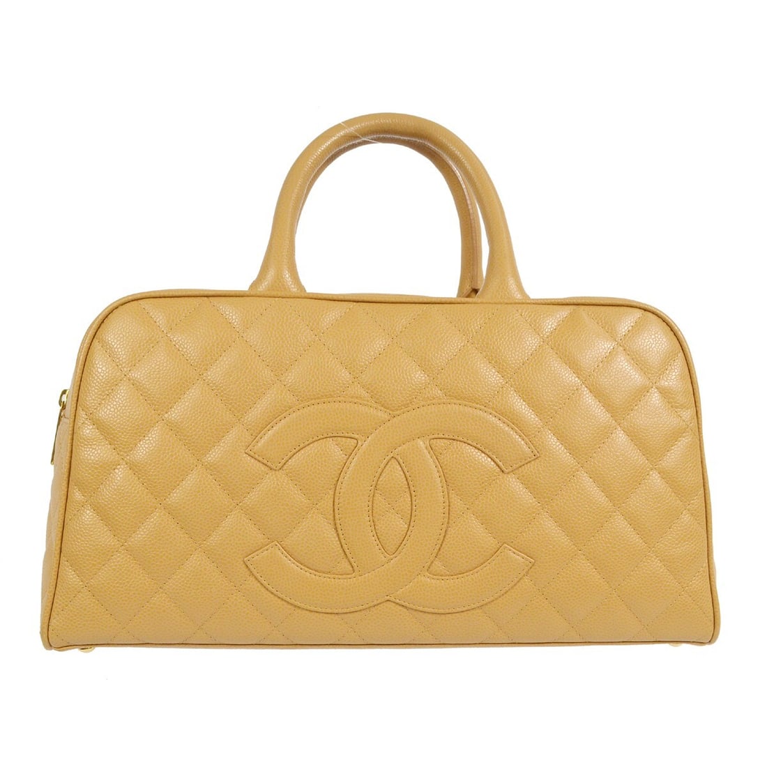 Chanel Beige Caviar Skin Bowling Bag with Double Handles: Chanel Beige Caviar Skin Bowling Bag with Double Handles This Chanel Beige Calfskin Bowling Bag is a stylish accessory perfect for casual occasions. It features a top handle design with double handles