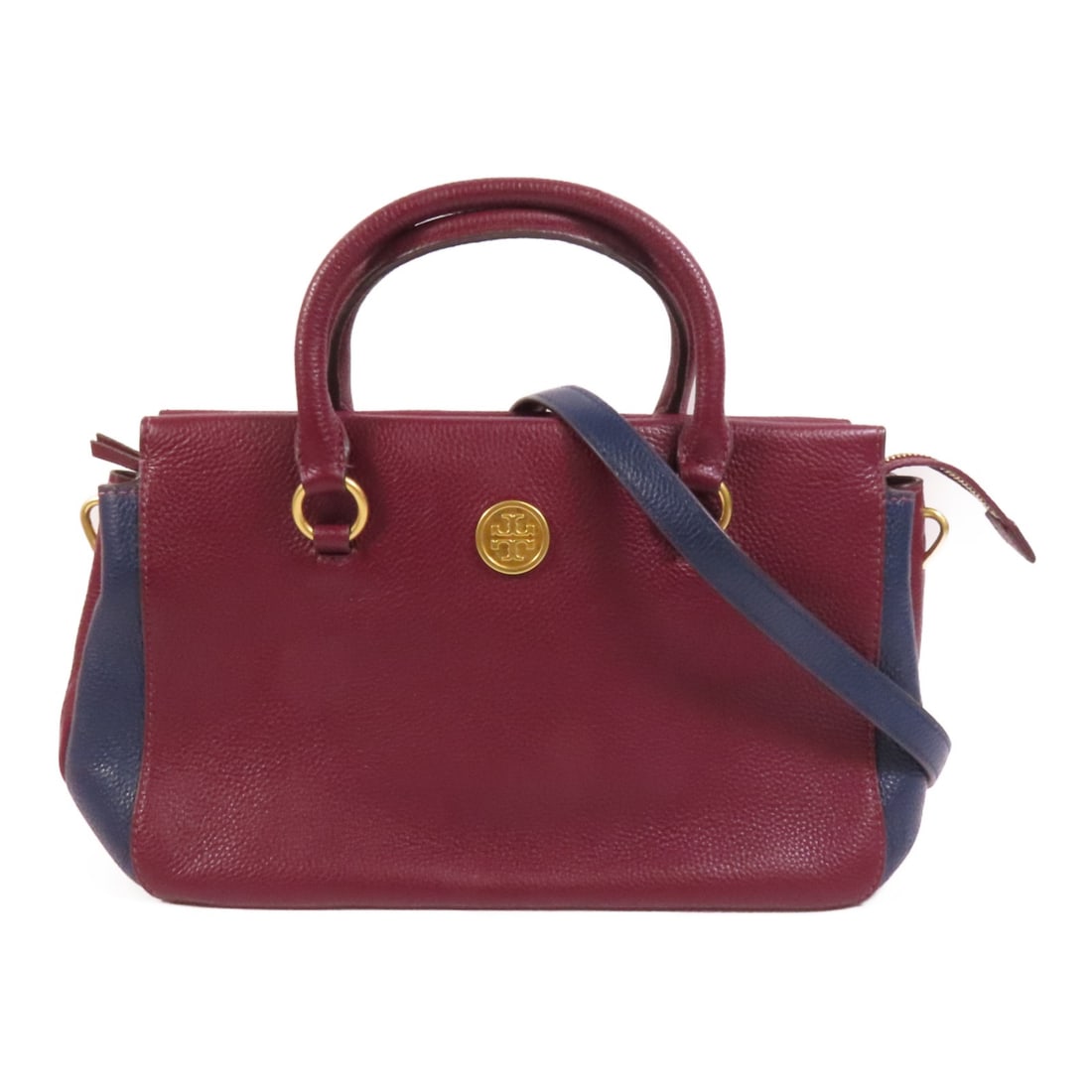 Tory Burch Calfskin Shoulder Bag Red and Blue Two Way Design GHW: Tory Burch Calfskin Shoulder Bag Red and Blue Two Way Design GHW This Tory Burch 2-way shoulder bag features luxurious calfskin leather in a striking red color, accented with blue details. The versati