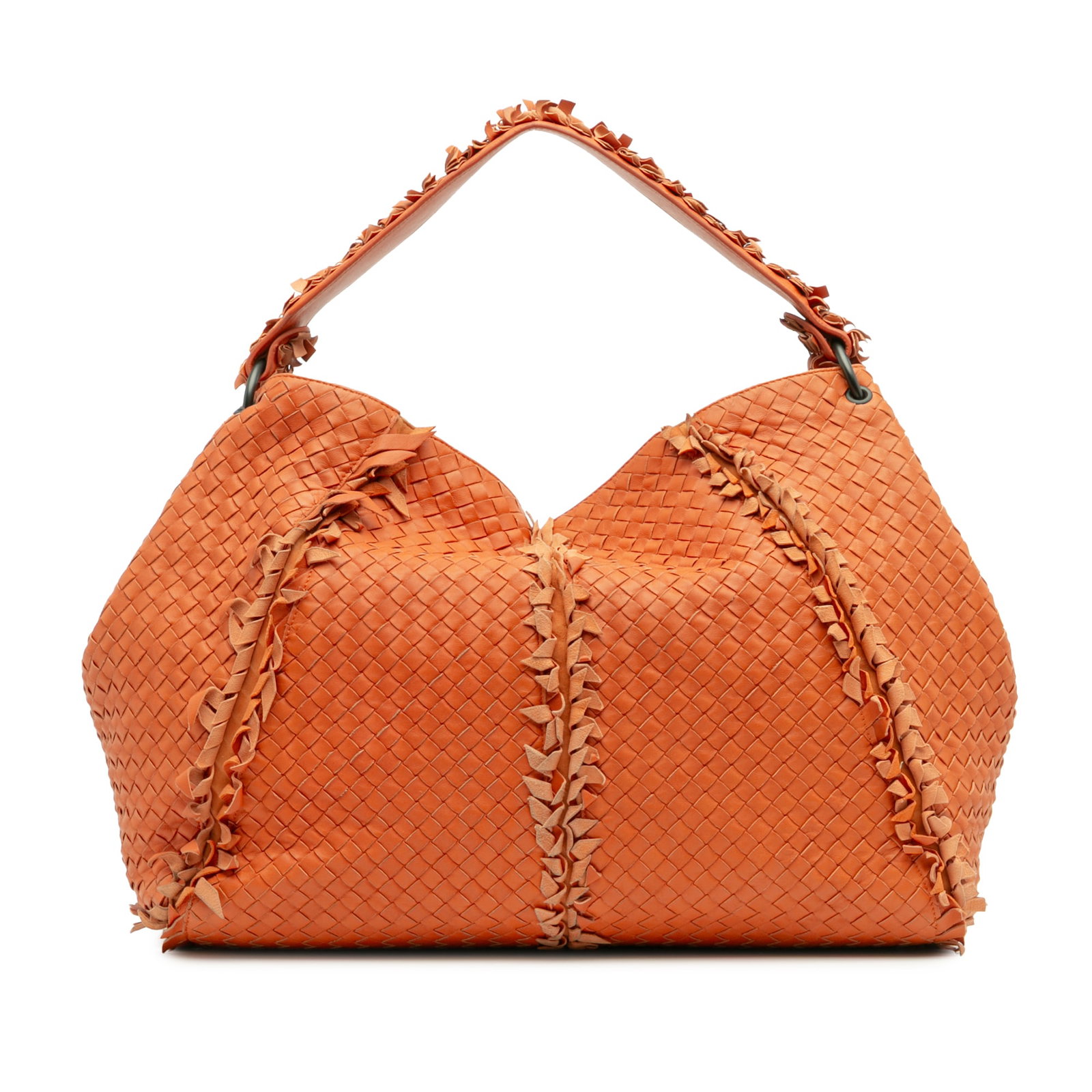 Bottega Veneta Large Nappa Intrecciato Franges Hobo Bag Orange Leather: Bottega Veneta Large Nappa Intrecciato Franges Hobo Bag Orange Leather Introducing the Bottega Veneta Large Nappa Intrecciato Franges Hobo, a stunning blend of style and functionality. This hobo bag i