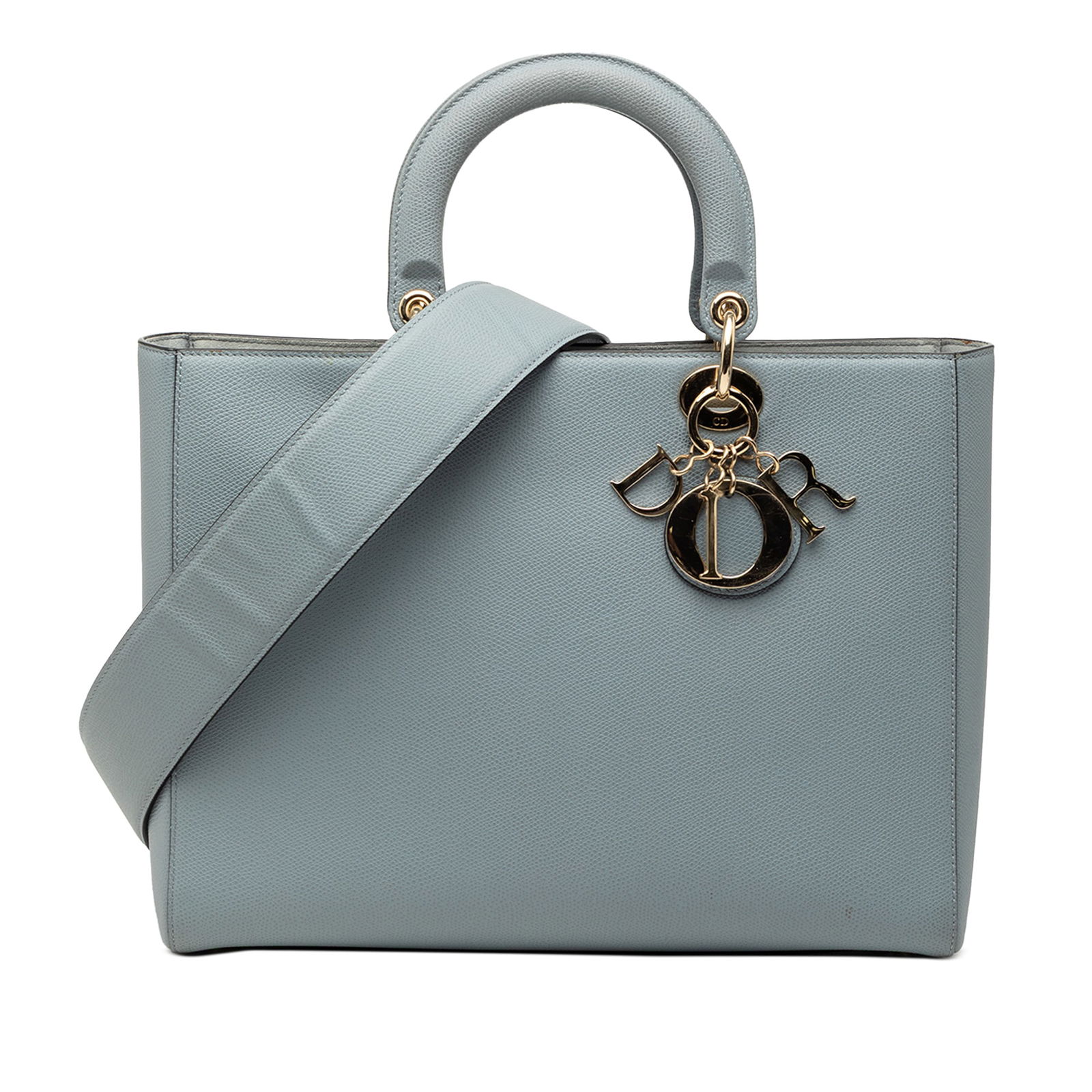 Dior Lady Dior Blue Large Grained Calfskin Leather Shoulder Bag: Dior Lady Dior Blue Large Grained Calfskin Leather Shoulder Bag This Large Grained Calfskin Lady Dior bag showcases a blue leather body with flat leather handles, a detachable flat strap, and a fold-i