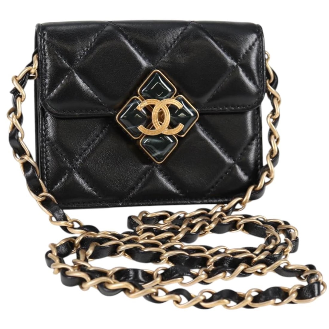 CHANEL Black Gold Matelasse Lamb Skin Shoulder Bag with Dust Bag: CHANEL Black Gold Matelasse Lamb Skin Shoulder Bag with Dust Bag Experience the timeless elegance of the CHANEL Matelasse Chain Pouch Shoulder Bag, crafted from luxurious lambskin leather in a strikin