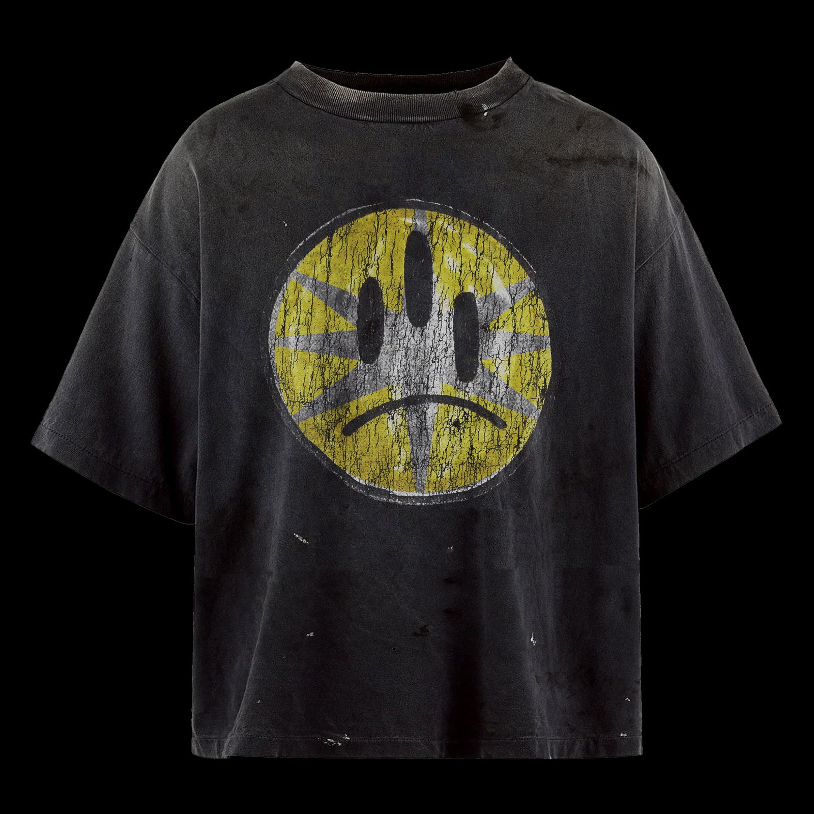 Frown Graphic Distressed Washed Black Oversized Cotton T-Shirt by Lost Shdws: Frown Graphic Distressed Washed Black Oversized Cotton T-Shirt by Lost Shdws This washed black tee is crafted from 100% heavyweight cotton and features a bold, cracked yellow frowning face graphic wit