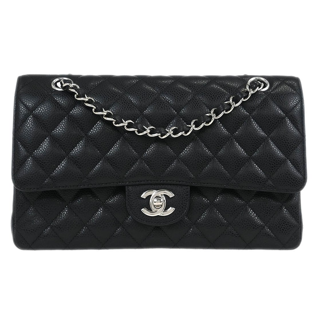 Chanel Black Caviar Leather Medium Classic Double Flap Bag: Chanel Black Caviar Leather Medium Classic Double Flap Bag Introducing the Chanel Black Calfskin Medium Classic Double Flap Shoulder Bag, a sophisticated accessory perfect for casual parties or cockta
