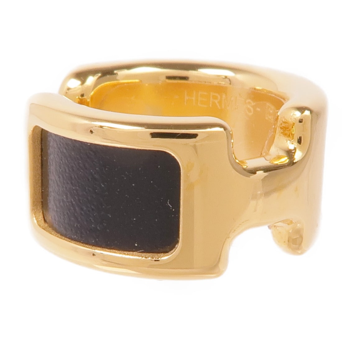 HERMES Olympe Black Gold Calfskin Ear Cuff Earring: HERMES Olympe Black Gold Calfskin Ear Cuff Earring Elevate your accessory game with these HERMES Olympe Ear Cuff Earrings. Crafted from luxurious calfskin leather in a classic black hue, these earring