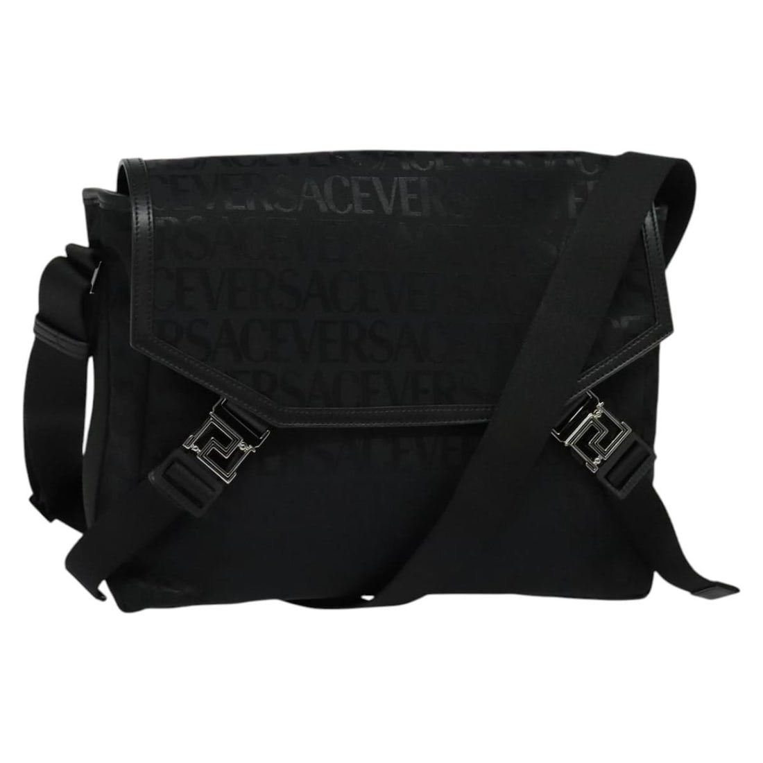 VERSACE Black Silver Canvas Shoulder Bag Italy Auth 123032: VERSACE Black Silver Canvas Shoulder Bag Italy Auth 123032 Elevate your style with this authentic Versace shoulder bag, crafted in Italy from high-quality canvas. The sleek black and silver exterior i