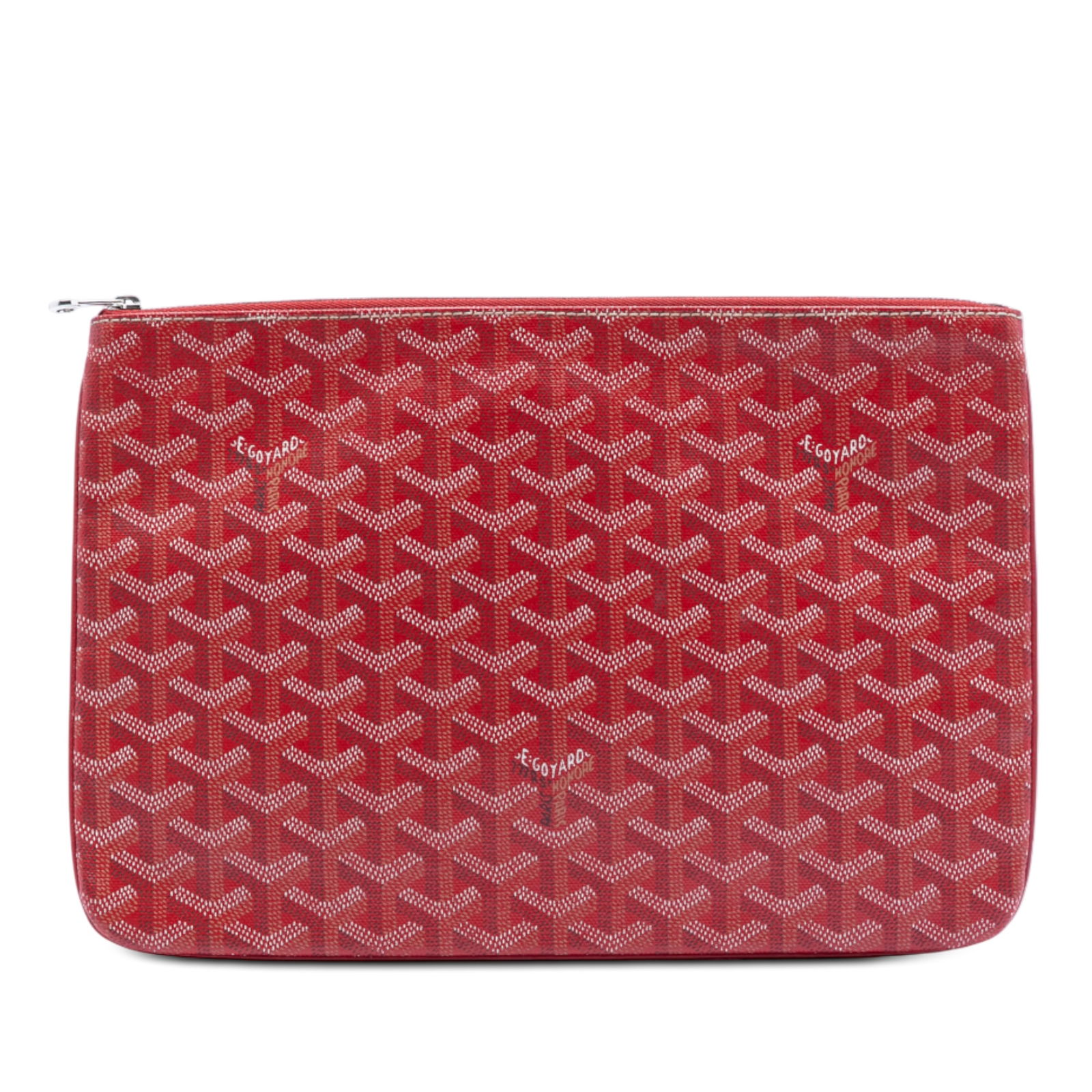 Goyard Goyardine Senat MM Red Coated Canvas Zip Pouch: Goyard Goyardine Senat MM Red Coated Canvas Zip Pouch This Goyardine Senat MM features a coated canvas body in red with a top zip closure and an interior slip pocket. The exterior shows some wear on t