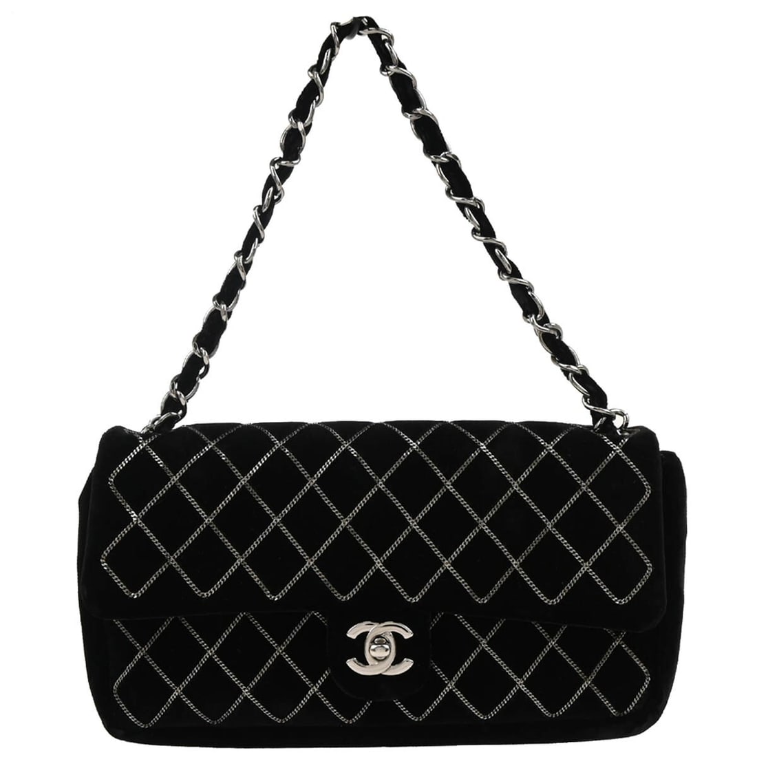 Chanel Black Velvet East West Satchel Handbag with Turn Lock: Chanel Black Velvet East West Satchel Handbag with Turn Lock This Chanel Black Velvet East West Handbag is a stylish and sophisticated accessory, perfect for any occasion. Crafted from luxurious velou