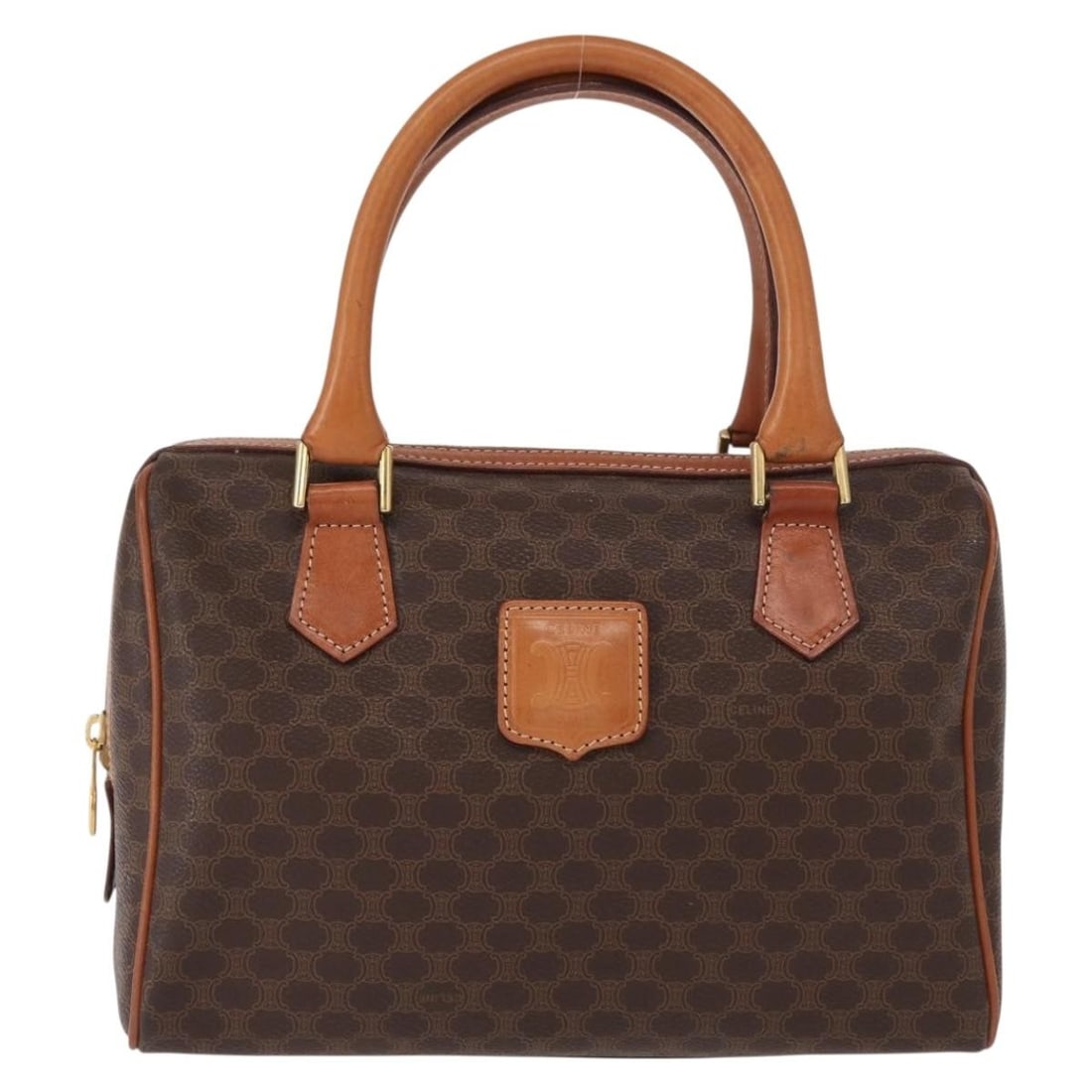 Vintage Celine Macadam Boston Canvas Leather Bag for Women: Vintage Celine Macadam Boston Canvas Leather Bag for Women This vintage Celine Macadam Boston bag is crafted from brown canvas with leather accents. Designed for women, it features a classic Boston sh