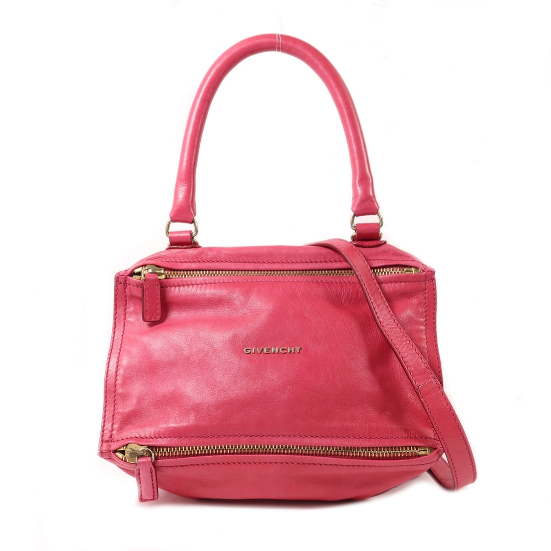 Givenchy Pandora Medium Pink Calfskin 2-Way Shoulder Bag with Gold Hardware: Givenchy Pandora Medium Pink Calfskin 2-Way Shoulder Bag with Gold Hardware This Givenchy Pandora Medium Shoulder Bag features a stylish two-way design crafted from pink calfskin leather. The bag offe