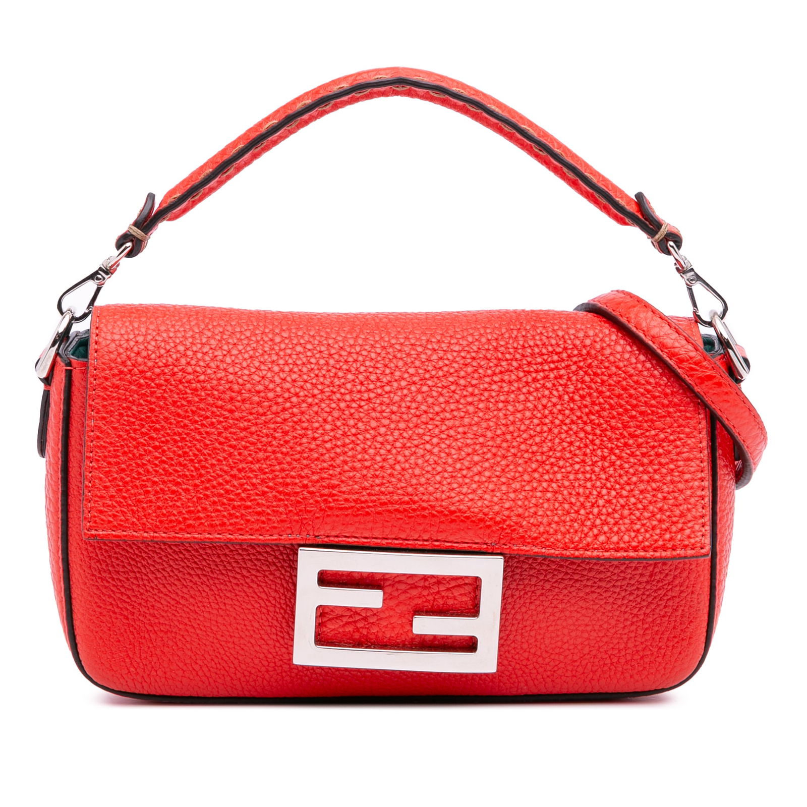Fendi Mini Leather Baguette Satchel Red Leather Made in Italy: Fendi Mini Leather Baguette Satchel Red Leather Made in Italy This stylish Fendi Mini Leather Baguette Satchel features a striking red leather body, designed for both elegance and functionality. The b