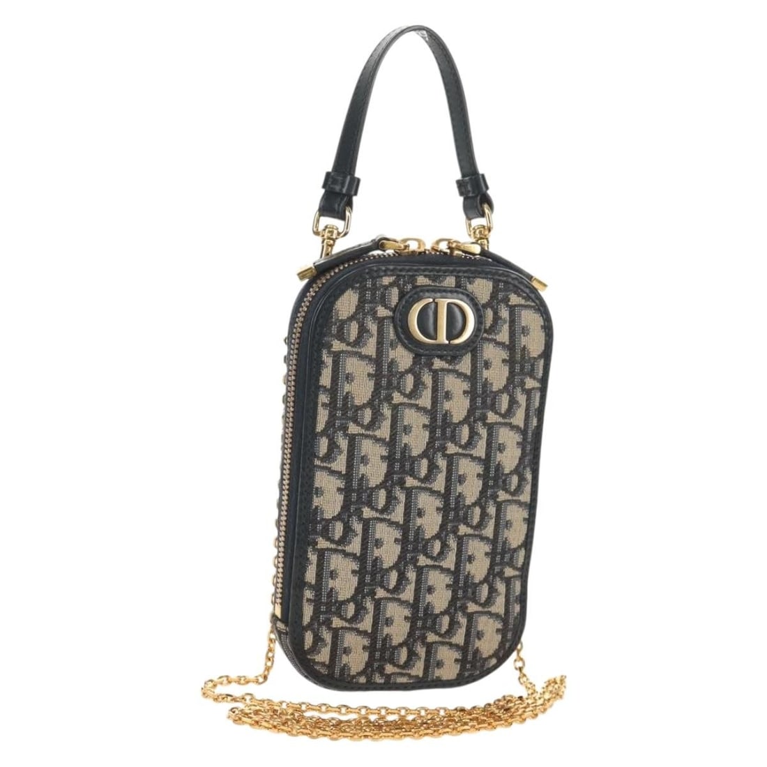 Christian Dior Navy Trotter Canvas Shoulder Bag with Chain: Christian Dior Navy Trotter Canvas Shoulder Bag with Chain Introducing the Christian Dior Trotter Canvas Phone Holder Chain Montaigne Bag, a stylish shoulder bag crafted from luxurious Trotter canvas