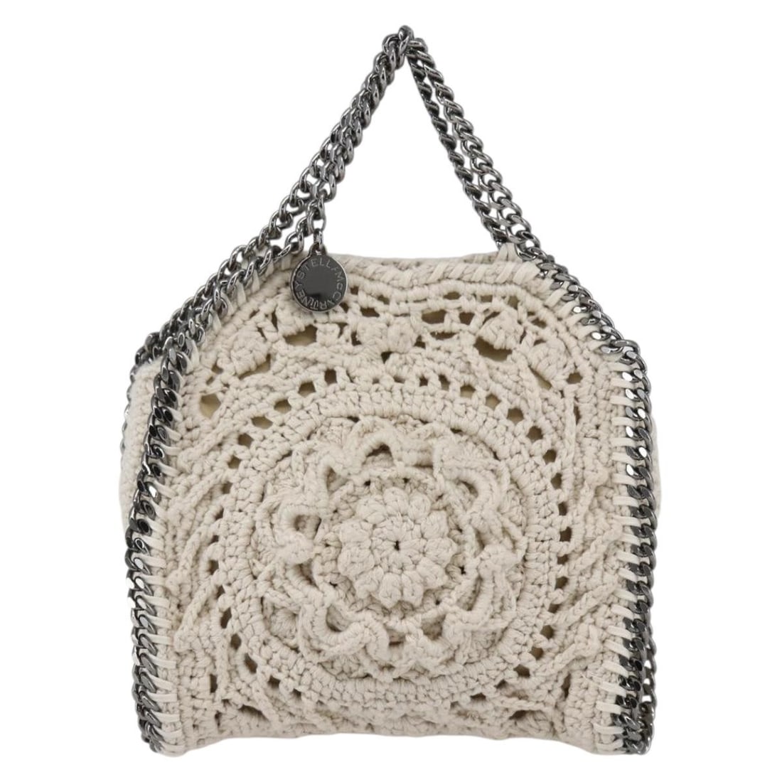 Falabella Fold Over Beige Canvas Crossbody Bag by Stella McCartney: Falabella Fold Over Beige Canvas Crossbody Bag by Stella McCartney This Stella McCartney Falabella Fold Over Crossbody Bag features a crochet design crafted from beige canvas. The bag is designed for