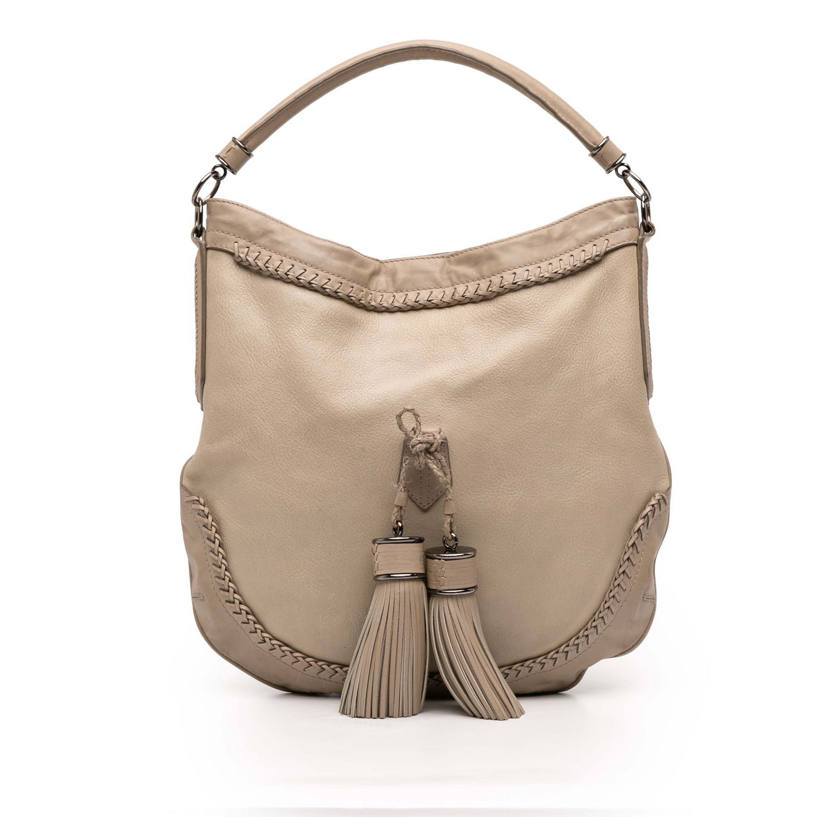 Burberry Brown Leather Hobo Shoulder Bag with Tassel Accents: Burberry Brown Leather Hobo Shoulder Bag with Tassel Accents This Burberry Leather Tassel Hobo Bag features a brown leather body with tassel accents, a rolled leather strap, a top zip closure, and an