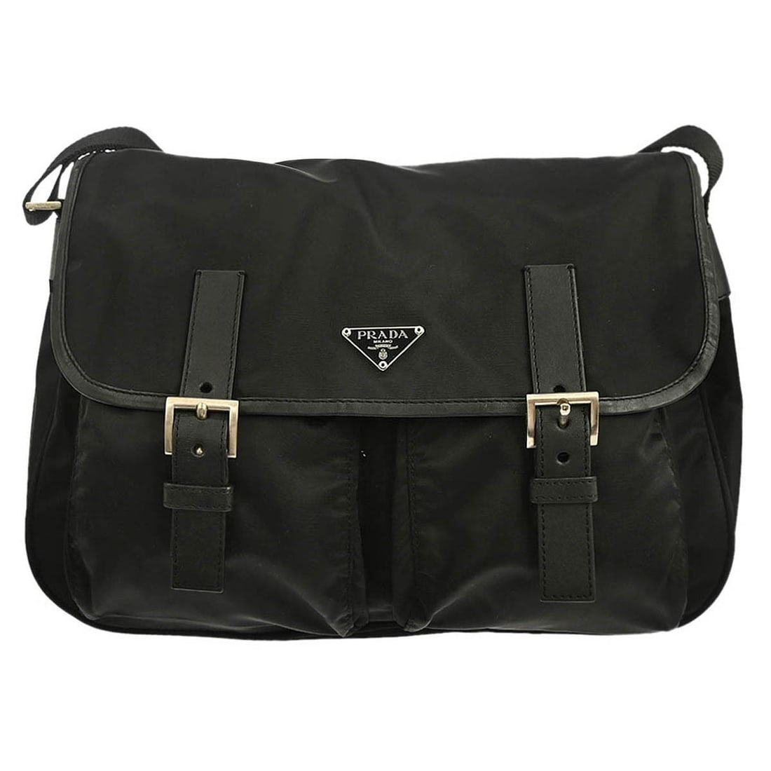 Medium Prada Nylon and Leather Black Shoulder Bag with Logo Accent: Medium Prada Nylon and Leather Black Shoulder Bag with Logo Accent This Prada shoulder bag features a sleek black exterior crafted from a combination of leather and nylon, accented with the signature