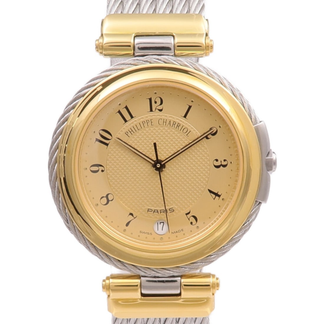 Charriol Celtic Stainless Steel Gold Plated Quartz Wristwatch Model 31.93.254: Charriol Celtic Stainless Steel Gold Plated Quartz Wristwatch Model 31.93.254 This CHARRIOL Celtic quartz wristwatch features a stainless steel case and band with gold plating, complemented by a gold-